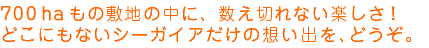 700haもの敷地の中に、数え切れない楽しさ！どこにもないシーガイアだけの想い出を、どうぞ。